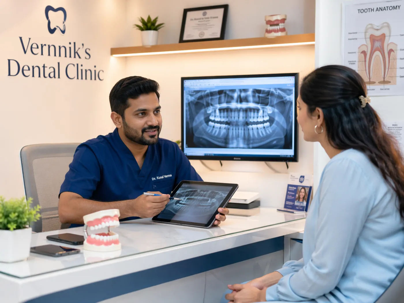Dentist consulting with patient in clinic